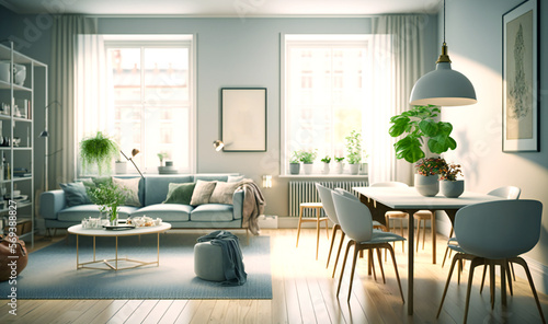 A minimalist yet chic modern Scandinavian apartment featuring a stylish beige sofa in the living room and a sleek dining area in panoramic view