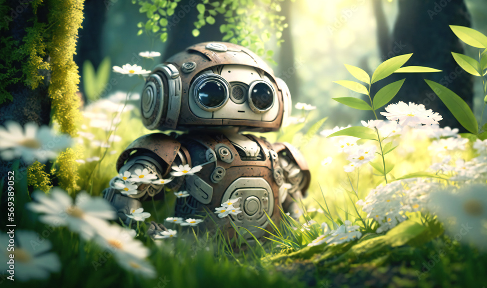 An adorable robot, peacefully slumbering among the lush greenery of a blooming spring forest An adorable robot, peacefully slumbering among the lush greenery of a blooming spring forest