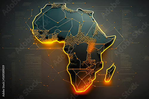 africa network map with connected server nodes and a dark theme background - Generative AI