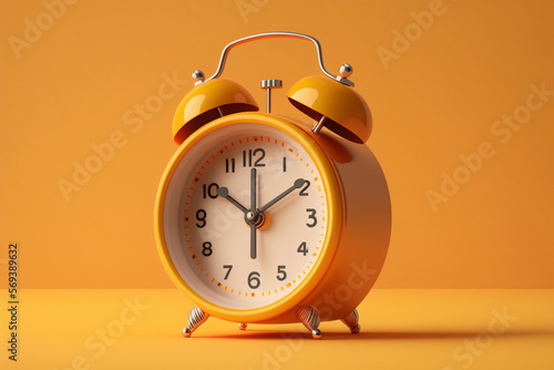 Alarm Clock On Yellow Background, 3D Rendering. Front View, Empty Background. Generative AI.
