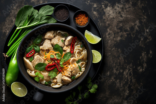 Thai chicken noodle soup, or Guay Tiew Gai Cheek, in a black bowl on a dark slate background. Guay Tiew Gai is a Thai soup made of rice noodles, chicken, sauces, and vegetables. Thai cuisine Copy spac photo