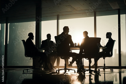 silhouettes of business people holding a meeting in a conference room of an office building in backlight. Generative AI