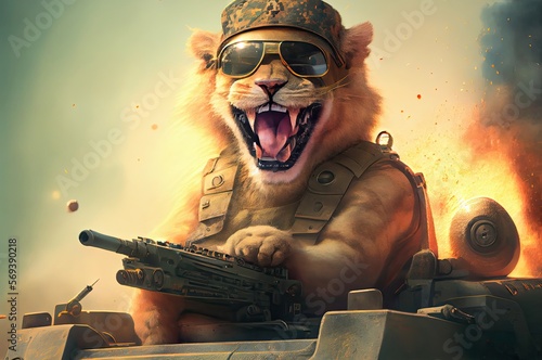 Military Lion Daring And In A Military Vehicle Generative AI