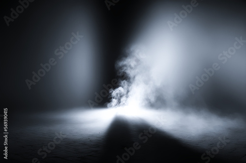 an empty dark room with smoke and haze  spots lighting the scene  reflections on the floor  Generative AI