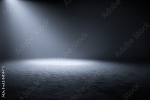 an empty dark room with smoke and haze, spots lighting the scene, reflections on the floor, Generative AI