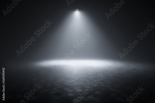 an empty dark room with smoke and haze, spots lighting the scene, reflections on the floor, Generative AI