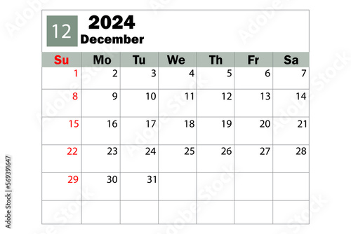 December 2024 calendar. Diary calendar. Daily planner. Vector illustration.