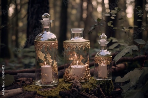 Glass Flask Candles Illuminate the Forest - Generative AI
