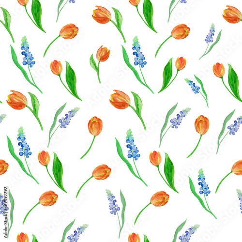 Watercolor seamless pattern with   tulips and muscari. Hand drawn illustration with spring flowers. 