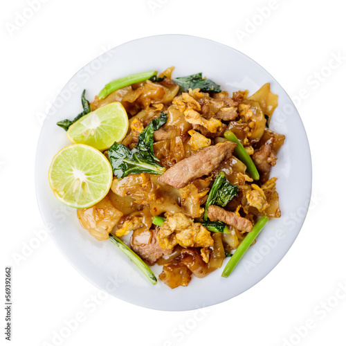 Thai food (Pad See Ew), Stir fried rice noodles with soy sauce, egg, kale and pork