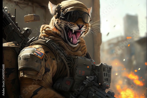 Military Tiger Courageous And Standing Up For Freedom Generative AI
