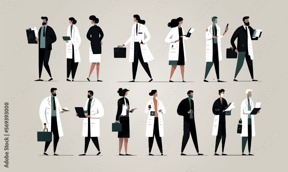 set of doctors in multiple poses, medicine set, modern flat vector and minimalist design