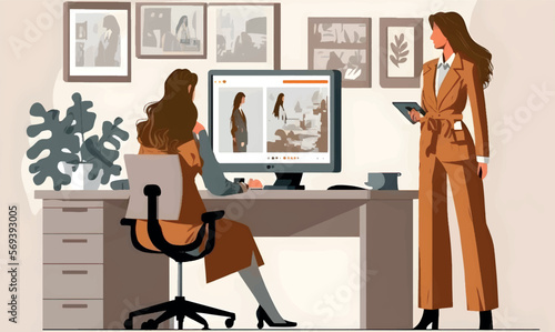 girls working in office, flat illustration, modern vector design
