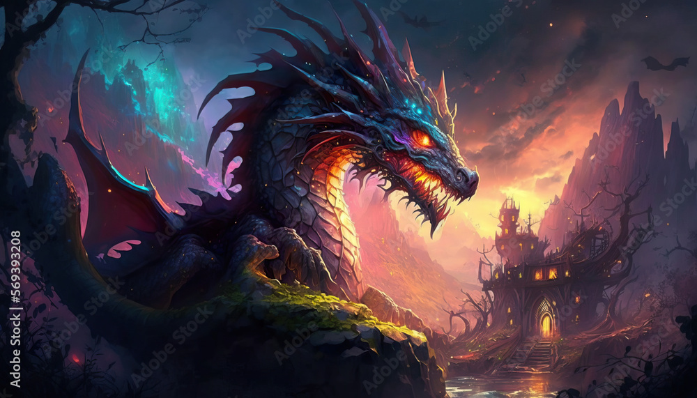 Fantasy Mythical Dragon in World Game Landscape Created with Generative AI Technology Fantasy Mythical Dragon in World Game Landscape Created with Generative AI Technology