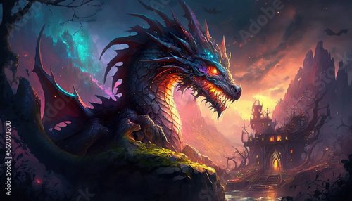 Fantasy Mythical Dragon in World Game Landscape Created with Generative AI Technology
