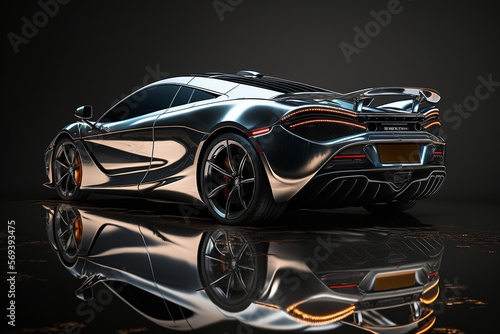 Cool silver or platinum generic sports car in a dark studio background illustrated with generative AI