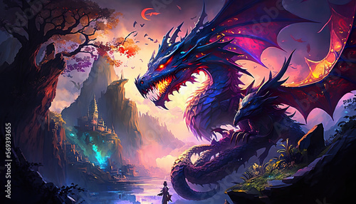 Mythical Dragon in a Landscape of Fantasy Games Created with Generative AI Technology