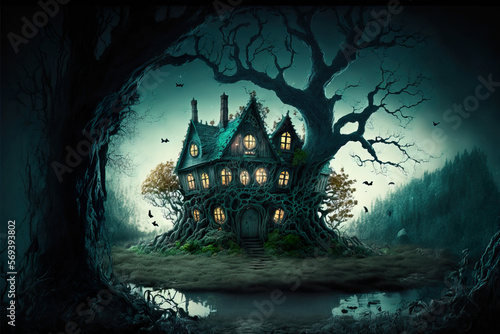 Fantasy Forest Landscape with a Terrifying Haunted House Created with Generative AI Technology