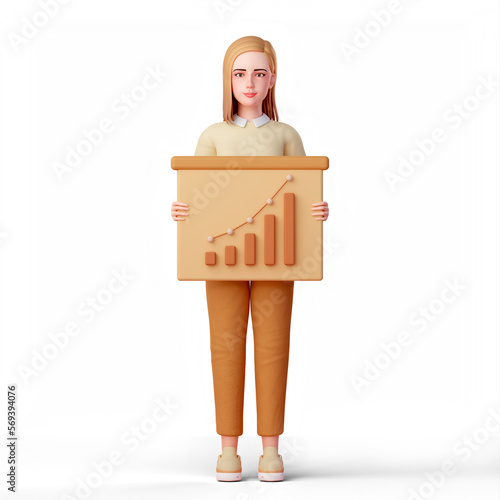 3D Illustration of a Blond-Haired Woman grab board of analysis graph or business infographic chart