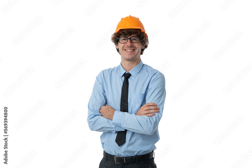 Portrait of Smiling young business man dressed in light blue formal shirt and black tie protective construction helmet with arms crossed isolated on white background. Portrait of Smiling young business man dressed in light blue formal shirt and black tie protective construction helmet with arms crossed isolated on white background.