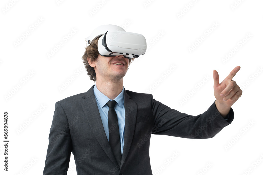 Portrait of young business man in black suit is using augmented reality application in virtual reality glasses and trying to touch something with his hand isolated on white background. Portrait of young business man in black suit is using augmented reality application in virtual reality glasses and trying to touch something with his hand isolated on white background.