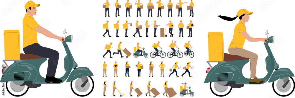 Set of hand drawn warehouse workers holding boxes with a clipboard. Delivery man and woman with cargo carts. Vector flat style illustration isolated on white. Full-length view	