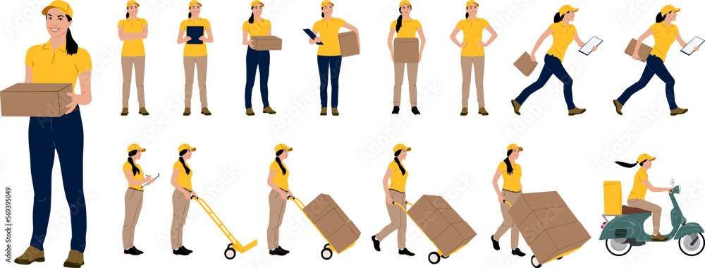 Set of hand drawn female worker holding carbord box and folder in different poses. Delivery woman on a scooter. Vector flat style illustration isolated on white. Full length view Set of hand drawn female worker holding carbord box and folder in different poses. Delivery woman on a scooter. Vector flat style illustration isolated on white. Full length view