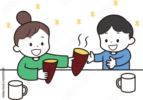 焼き芋を分ける女の子と嬉しそうな男の子のイラスト素材