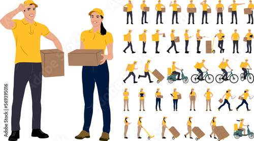 Set of hand drawn warehouse workers holding boxes with a clipboard. Delivery man and woman with cargo carts. Vector flat style illustration isolated on white. Full-length view	