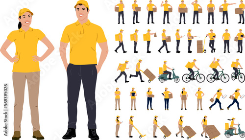 Set of hand drawn warehouse workers holding boxes with a clipboard. Delivery man and woman with cargo carts. Vector flat style illustration isolated on white. Full-length view	