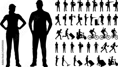 Silhouettes set of warehouse workers holding boxes with a clipboard. Delivery man and woman with cargo carts. Vector flat style illustration isolated on white. Full-length view	