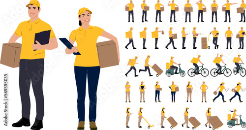 Set of hand drawn warehouse workers holding boxes with a clipboard. Delivery man and woman with cargo carts. Vector flat style illustration isolated on white. Full-length view	