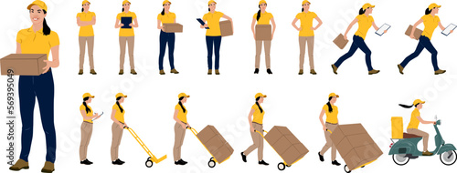 Set of hand drawn female worker holding carbord box and folder in different poses. Delivery woman on a scooter. Vector flat style illustration isolated on white. Full length view