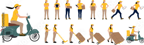 Set of hand drawn female worker holding carbord box and folder in different poses. Delivery woman on a scooter. Vector flat style illustration isolated on white. Full length view