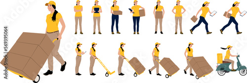 Set of hand drawn female worker holding carbord box and folder in different poses. Delivery woman on a scooter. Vector flat style illustration isolated on white. Full length view