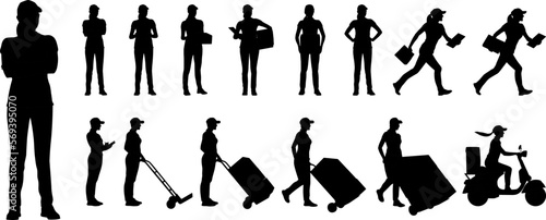 Silhouettes set of delivery female worker holding carbord box and folder in different poses. Delivery woman on a scooter. Vector flat style illustration isolated on white. Full length view