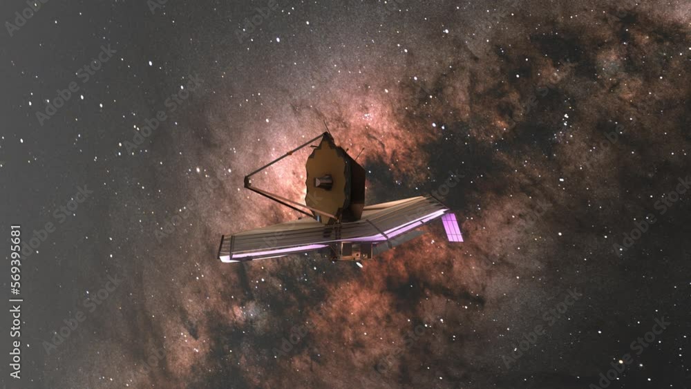 James b Space Telescope JWST Camera Pan with Milky Way Galaxy Stars Background 3D CGI