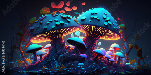 Funky Neon Colored Psychedelic Mushroom AI Generated   © kejardolar