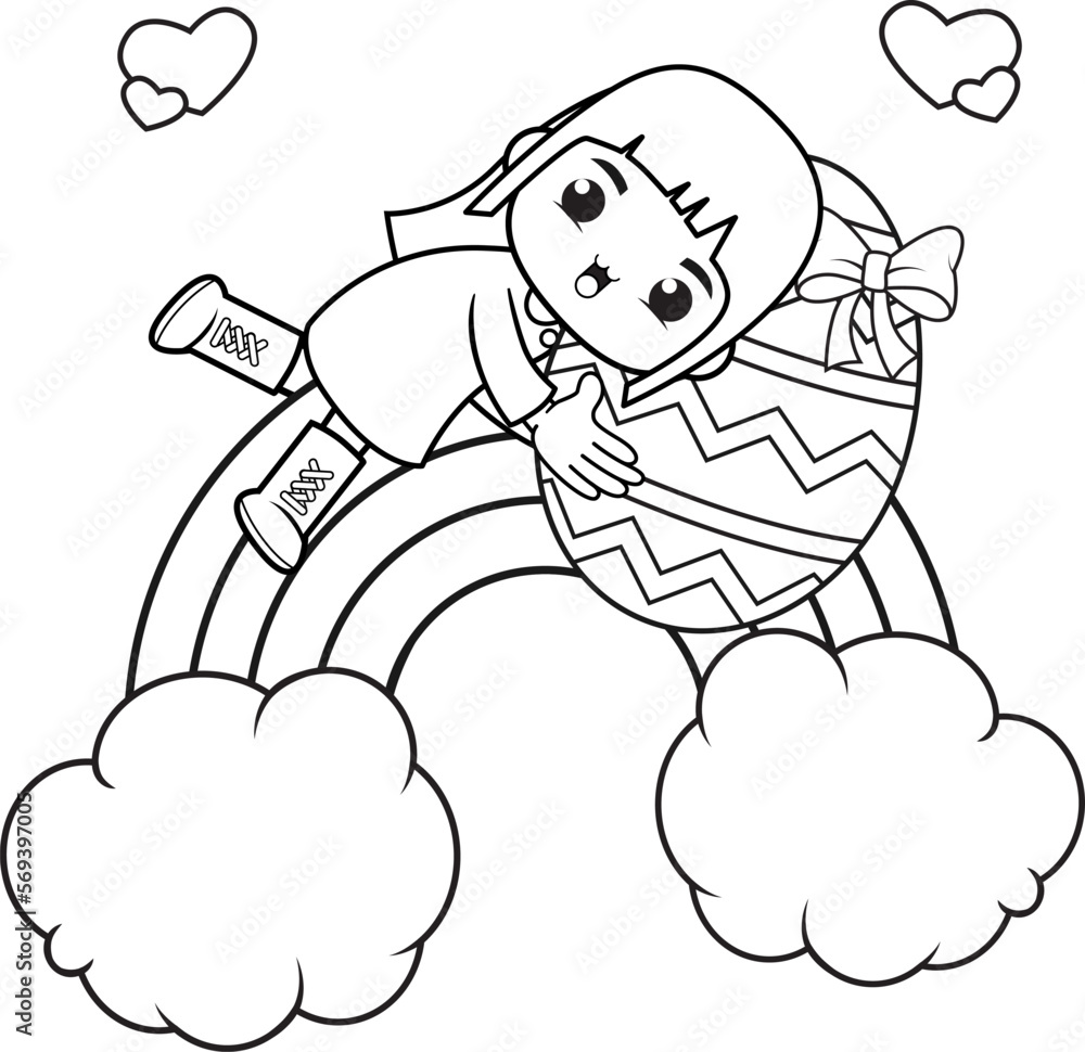 Coloring page Happy Easter with cute girl Coloring page Happy Easter with cute girl