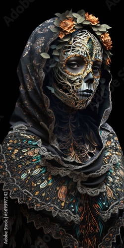 Day of the dead, Dia de los muertos character. Skull face make up. Generative by AI