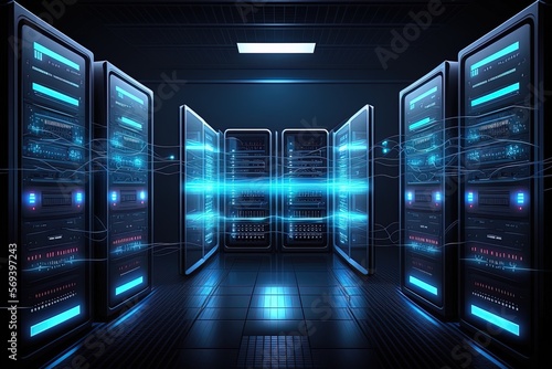 Generative AI data center room with mainframe storage servers, cloud network concept, hosting databases and internet, Modern Telecommunications, Artificial Intelligence,server room photo