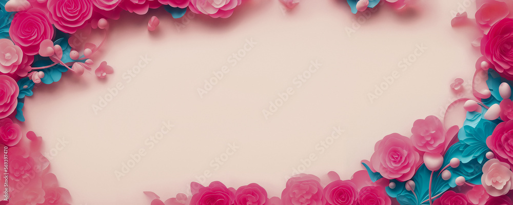 Rose flowers frame, botanic background, Valentines Day Concept, Top view, Copy space, Generative AI