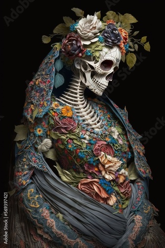 Day of the dead, Dia de los muertos character. Skull face make up. Generative by AI
