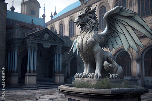 A massive statue of a beast with wings. It sits in the courtyard of a cathedral, church or palace. This is a generative ai picture.