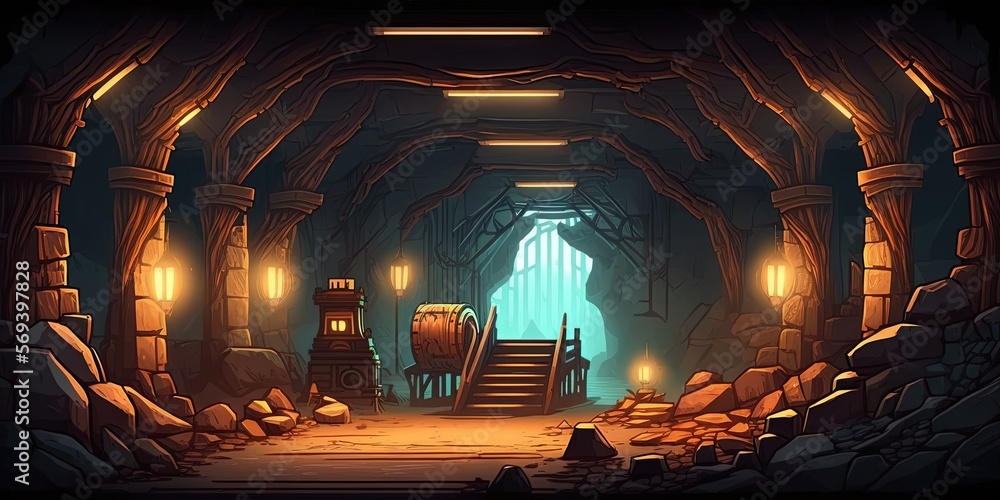 Underground mine with wooden structure and rails. 2D game background