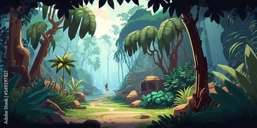 Tropical forest  2D game background. Digital illustration of scenery for an adventure game  Generative AI 
