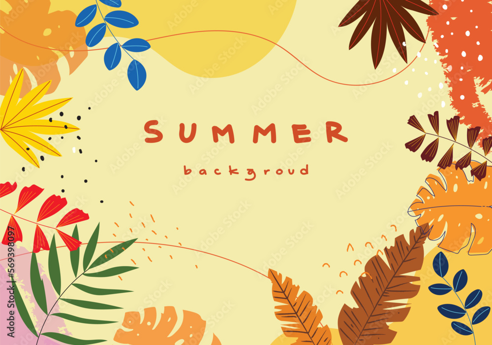 Tropical summer doodle with space for text vector illustration. Colorful abstract design background for banner, poster, cover, card with tropical leaves, shapes and textures.