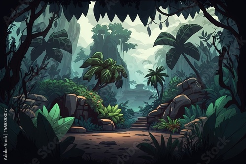 Tropical forest, 2D game background. Digital illustration of scenery for an adventure game, Generative AI 