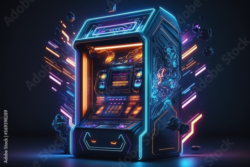 Neon lights arcade machine, abstract glowing background, digital illustration, Generative AI