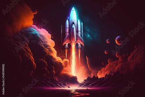 Rocket on background with neon lights effect, abstract glowing background, digital illustration, Generative AI